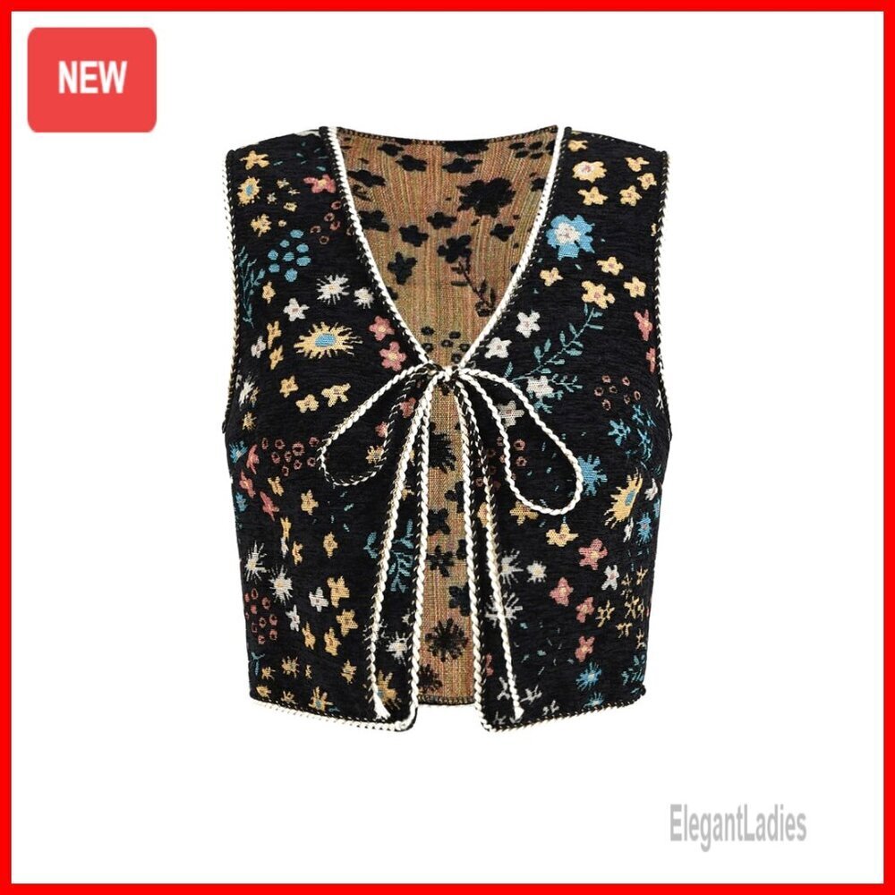 Small Polyester Floral Embroidered Tie Front Crop Vest Top Western Boho